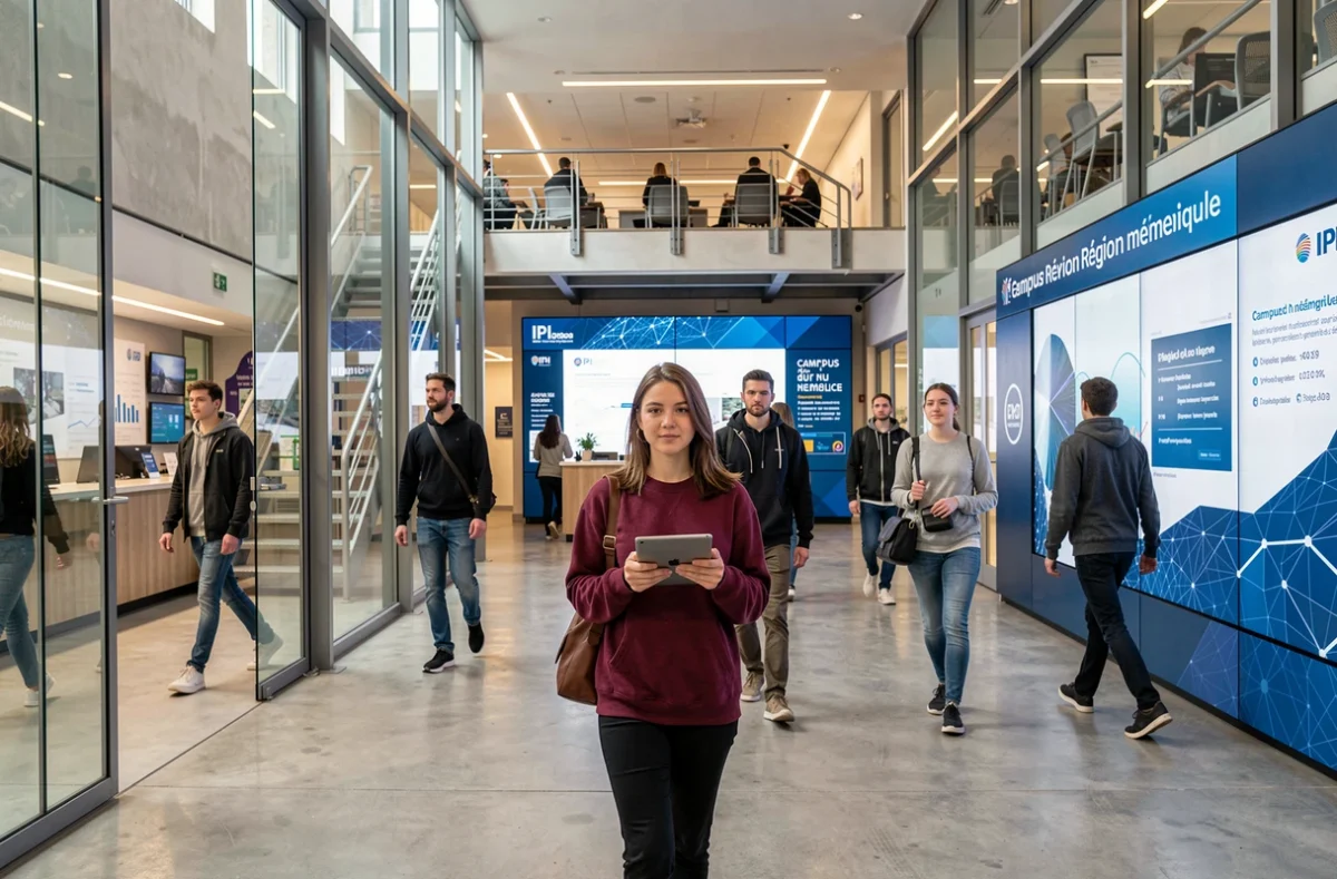 Une étudiante de l'IPI Lyon traverse le hall d'entrée du Campus Région du numérique avec sa tablette