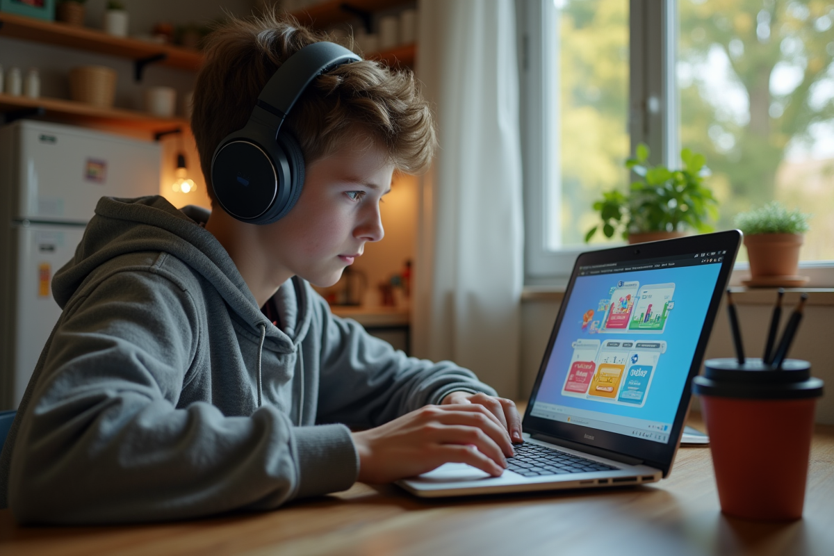 Adolescent seul à la maison travaillant sur un ordinateur portable