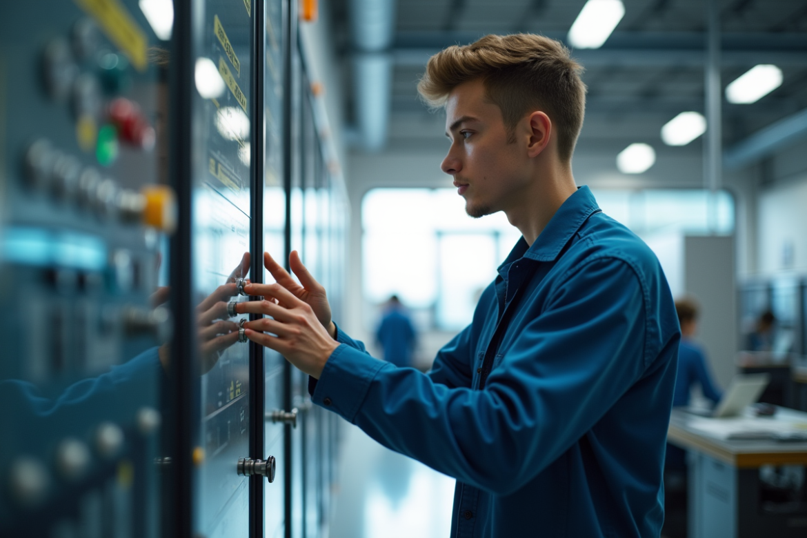 Jeune étudiant ajustant des panneaux de contrôle high-tech dans un laboratoire d'automatisation