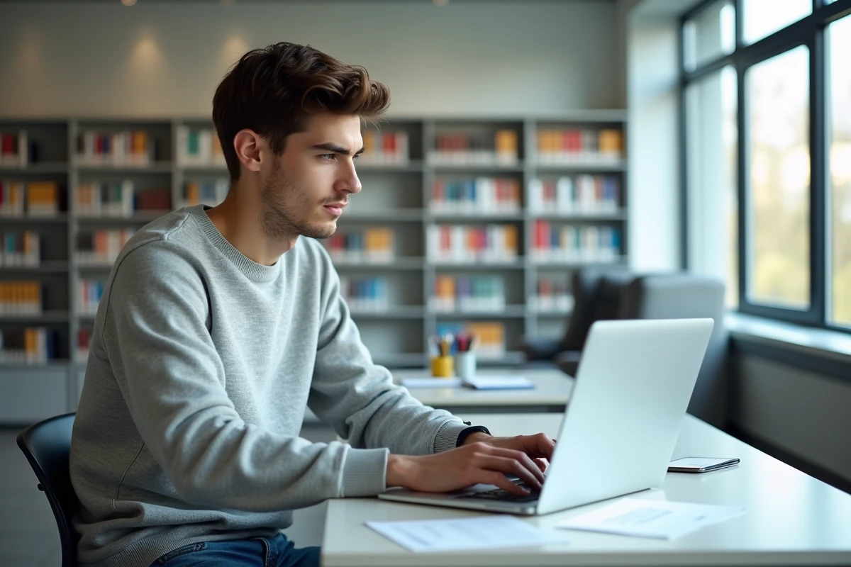 Jeune étudiant en bibliothèque étudiant sur son ordinateur