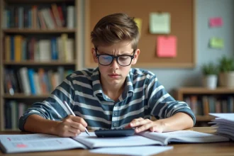 Jeune garçon concentré à son bureau avec livres et calculatrice