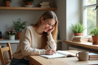 Jeune femme souriante en train d'étudier le français à la maison