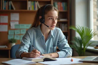 Jeune femme concentrée parlant allemand avec casque et livre