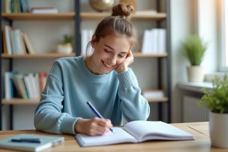 Jeune femme souriante écrit en français dans un bureau lumineux