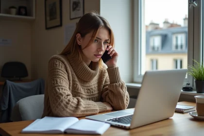 Jeune femme concentrée avec smartphone à Paris