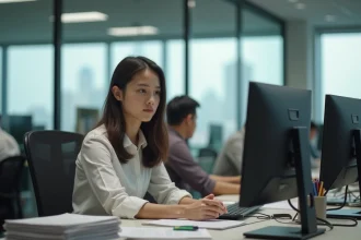 Jeune femme au bureau regardant l'écran d'ordinateur