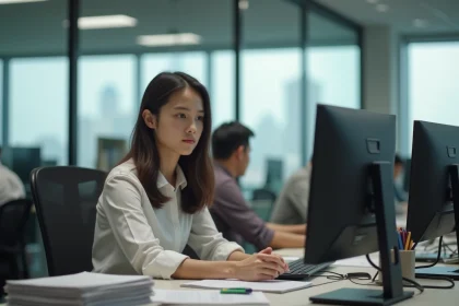 Jeune femme au bureau regardant l'écran d'ordinateur