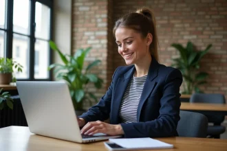 Jeune femme en blazer dans un bureau parisien lumineux