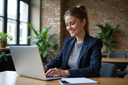 Jeune femme en blazer dans un bureau parisien lumineux