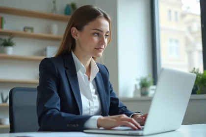 Jeune femme en blazer blanc utilisant son ordinateur au bureau