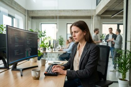 Jeune femme concentrée en coding dans un bureau moderne
