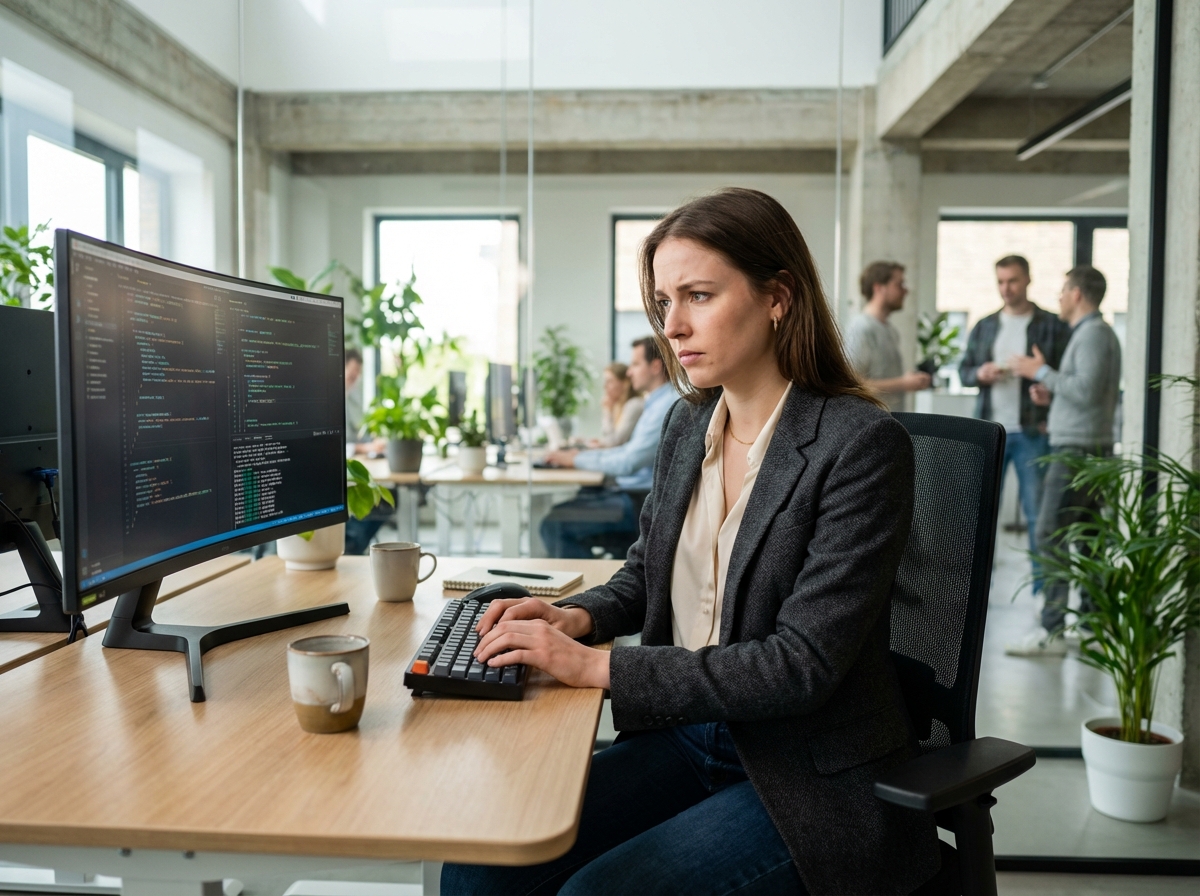 Jeune femme concentrée en coding dans un bureau moderne