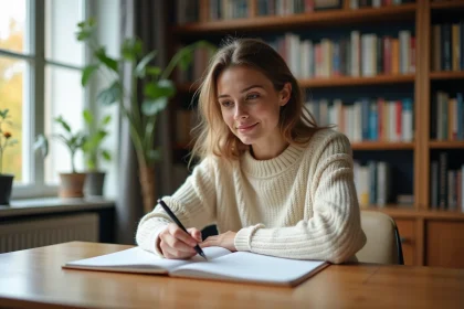 Jeune femme écrivant des conjugaisons françaises dans un cahier