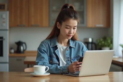 Jeune femme en denim au café cosy utilisant son smartphone