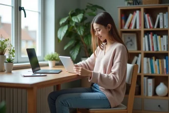 Jeune femme en étude à domicile avec tablette et livres