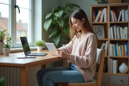 Jeune femme en étude à domicile avec tablette et livres