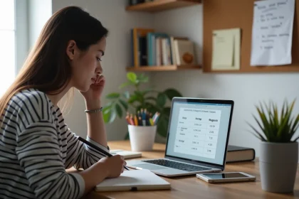 Jeune femme en étude dans un bureau cosy avec notebook et ordinateur