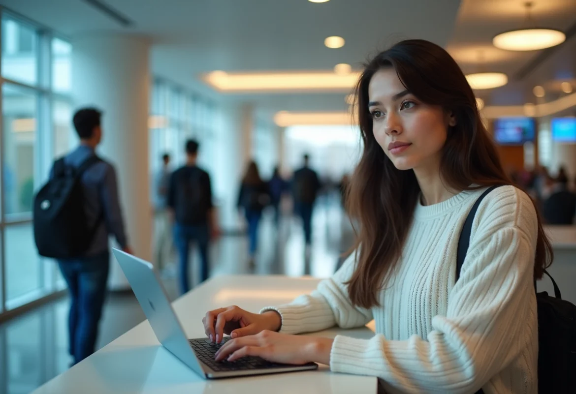 Jeune femme assise à un bureau universitaire utilisant une tablette