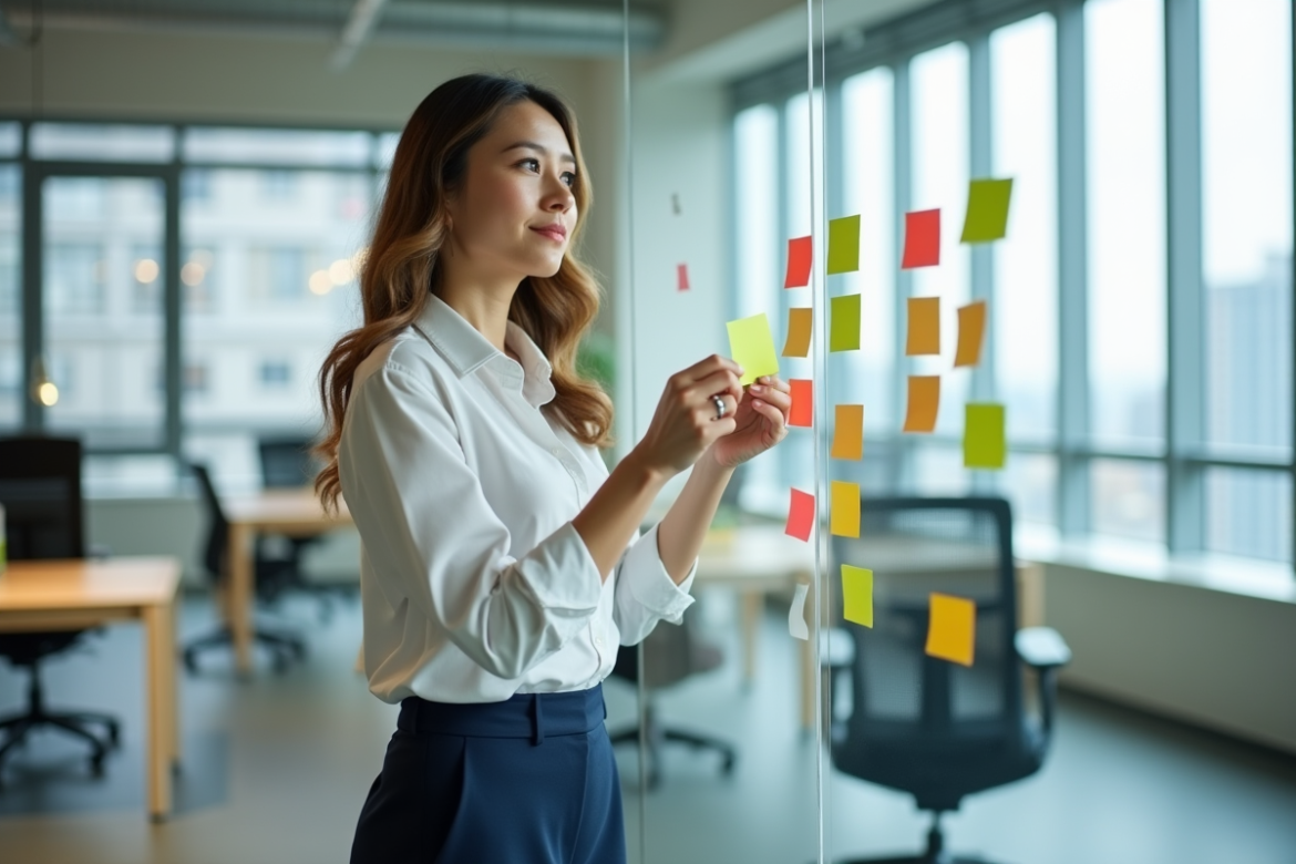 Jeune femme professionnelle organisant des notes colorées au bureau