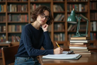 Jeune femme concentrée dans une bibliothèque universitaire