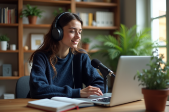 Jeune femme en sweater navy parlant dans un micro à la maison