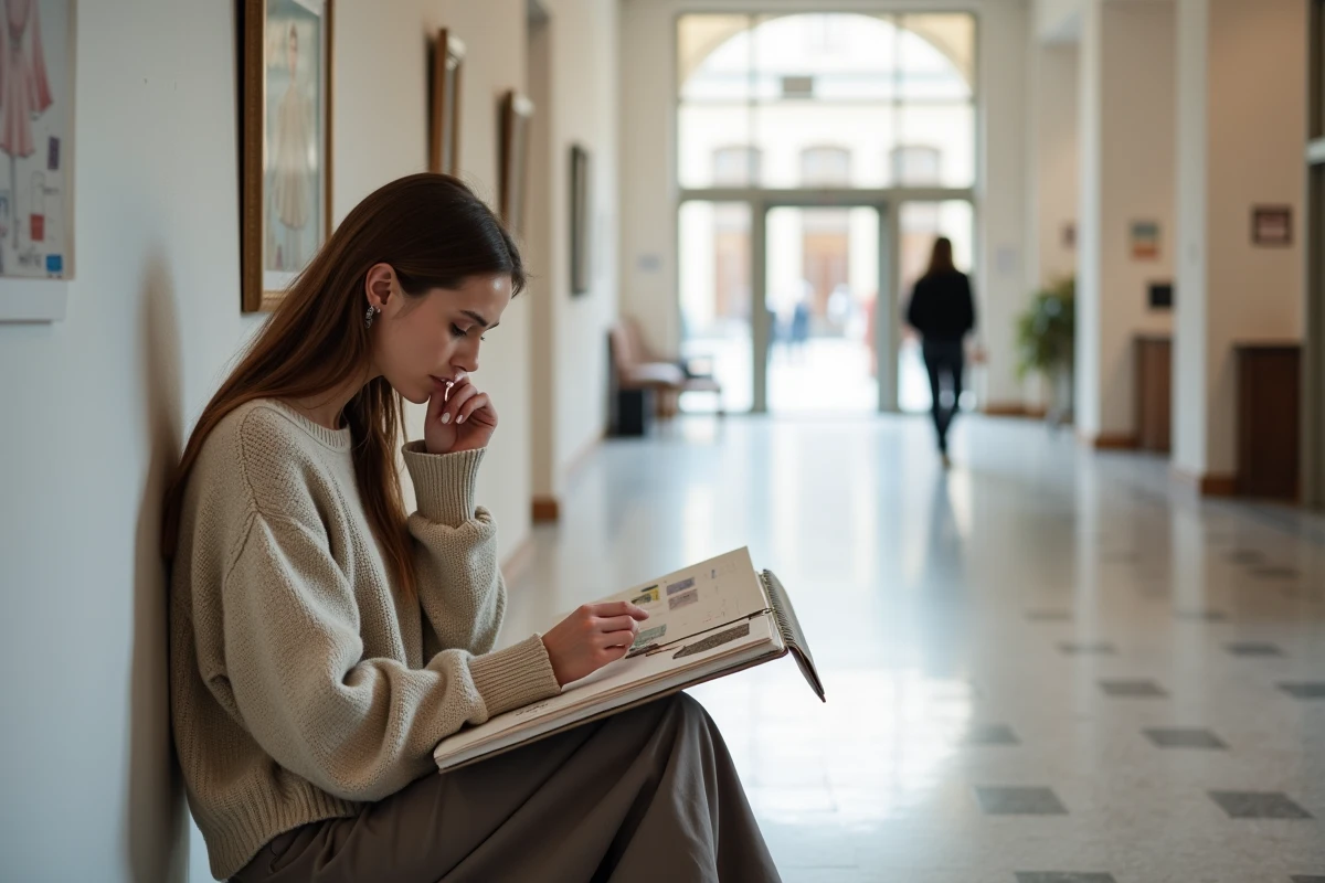Jeune femme examinant un portfolio de textiles dans le couloir