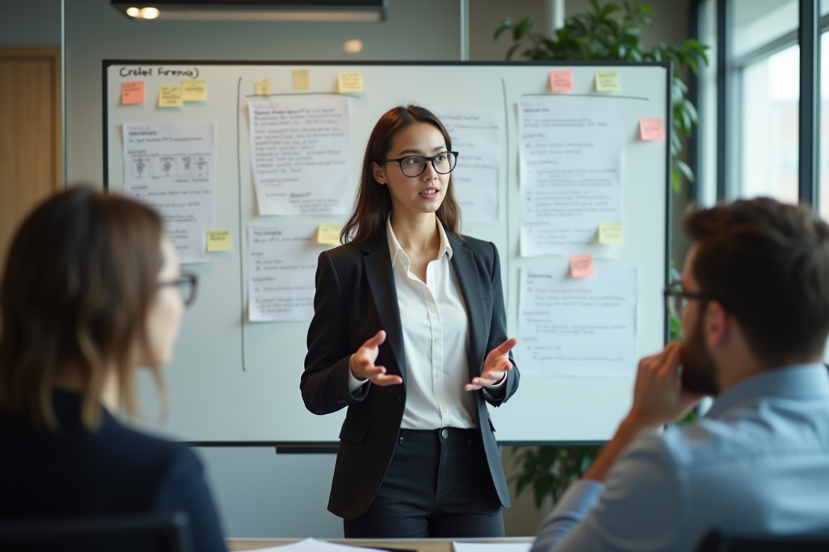 Jeune femme en présentation dans un bureau moderne