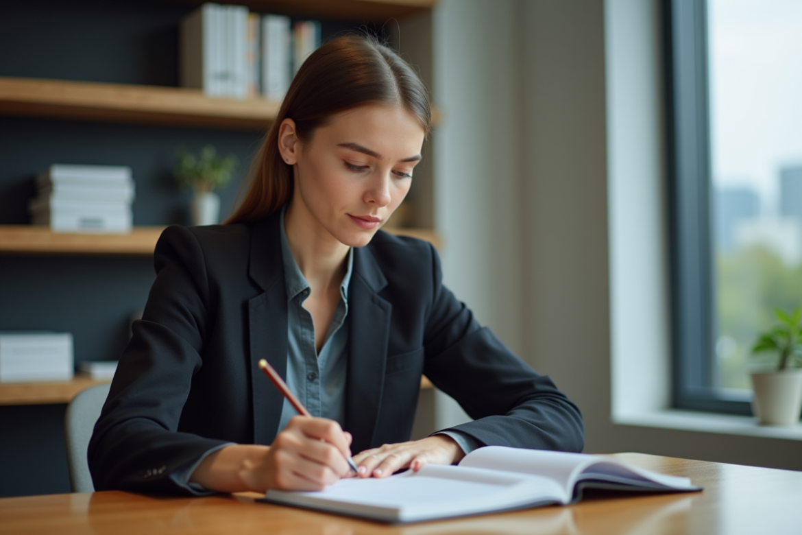 Jeune femme en réunion de bureau attentive et concentrée