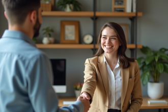 Femme accueillant un stagiaire dans un bureau moderne