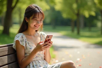 Jeune femme souriante lisant un SMS de félicitations pour le bac sur son téléphone dans un parc ensoleillé