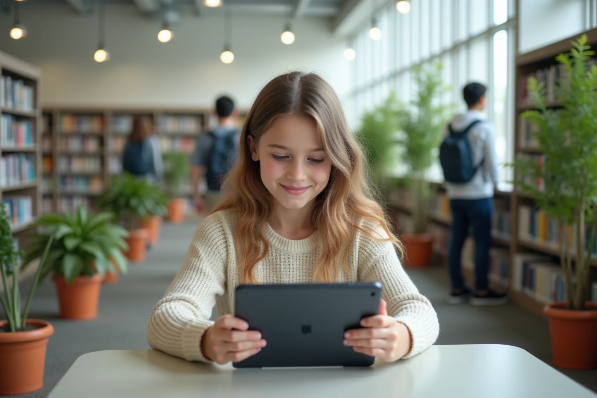 Jeune fille utilisant une tablette dans une bibliothèque lumineuse