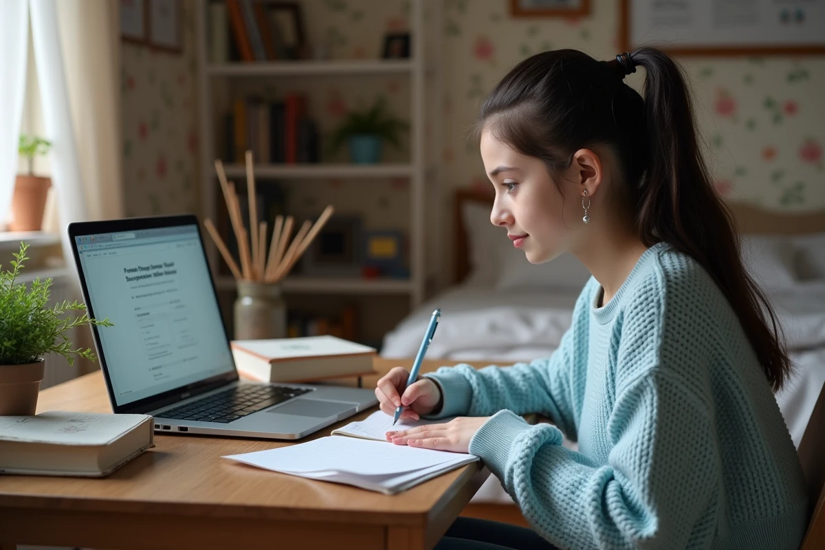 Jeune fille écrivant en français dans sa chambre