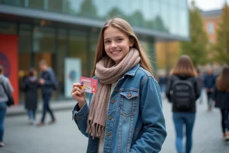 Jeune fille souriante avec carte d'etudiant devant musee d'art
