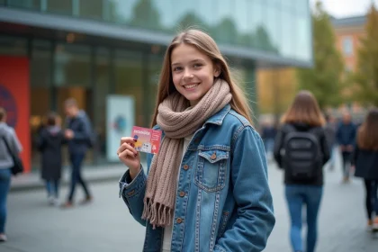 Jeune fille souriante avec carte d'etudiant devant musee d'art