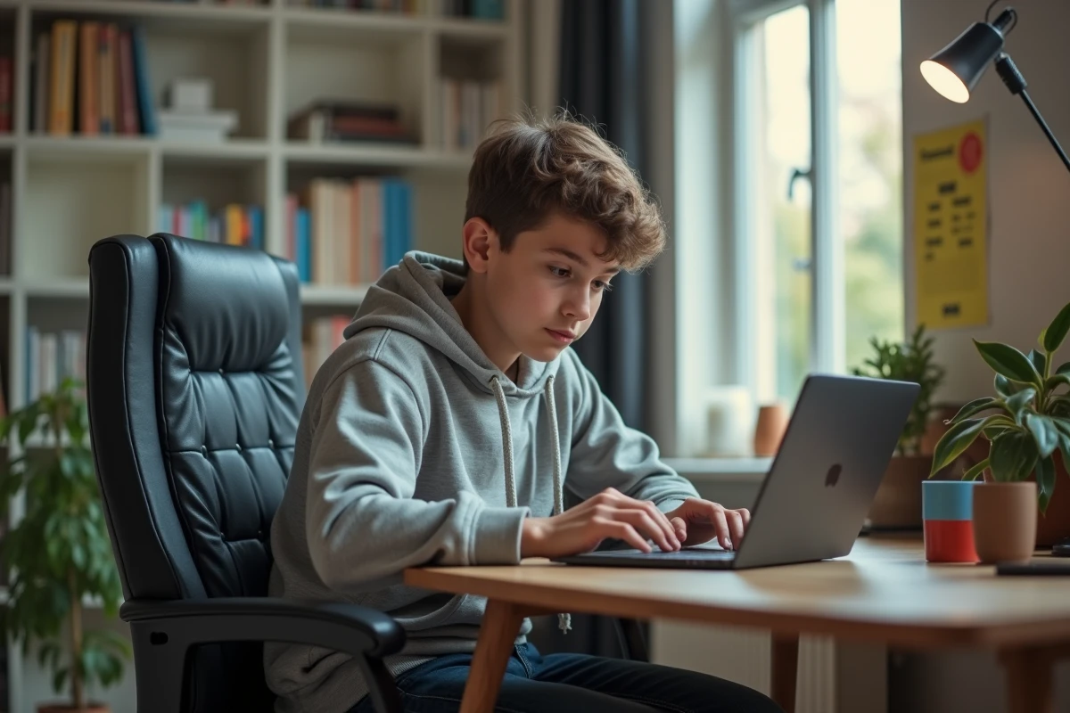 Adolescent concentré sur son ordinateur dans sa chambre