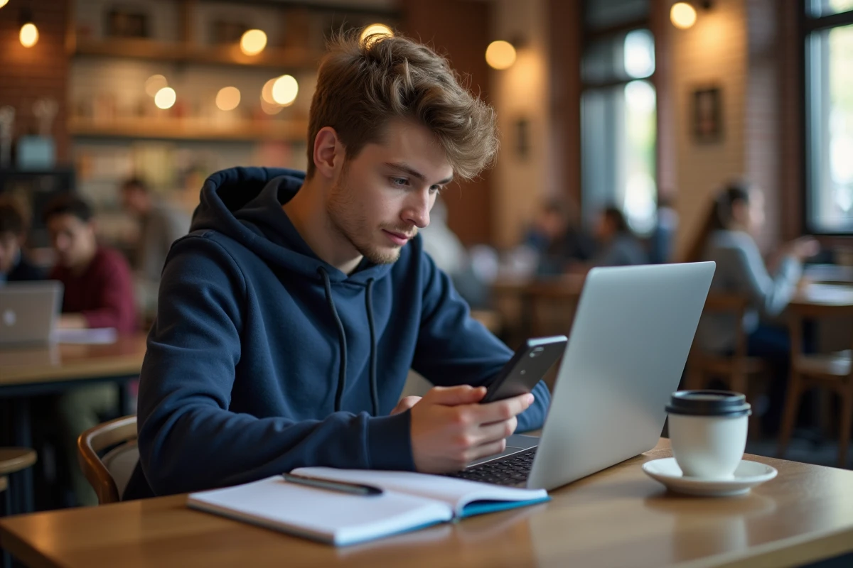 Jeune homme au café étudiant avec ordinateur et smartphone