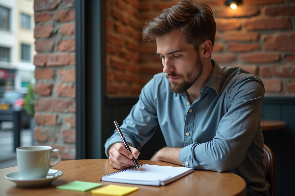Jeune homme pensif avec notes dans un café urbain