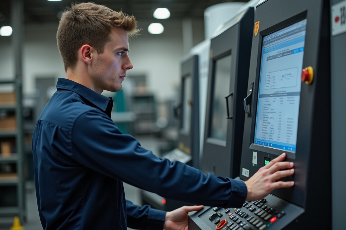 Jeune homme en atelier contrôlant une machine CNC