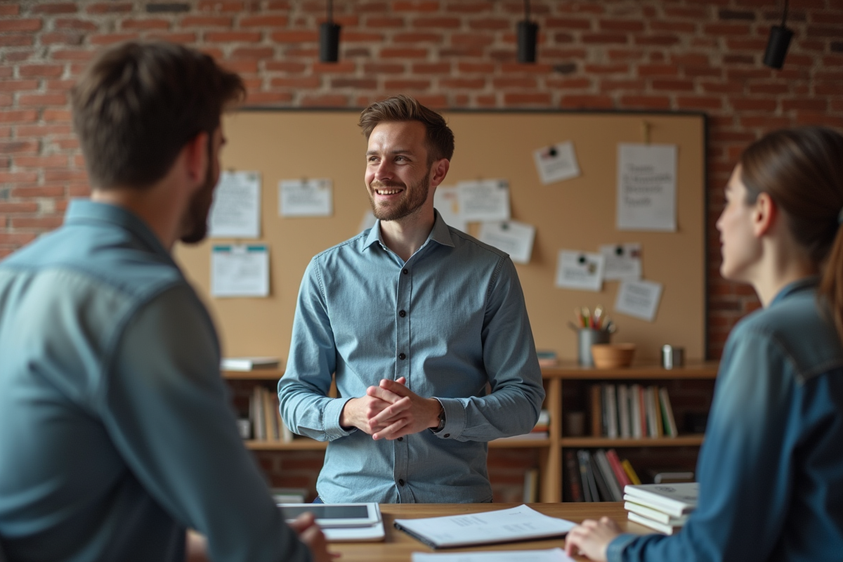 Jeune homme en discussion avec collègues dans un espace de coworking créatif
