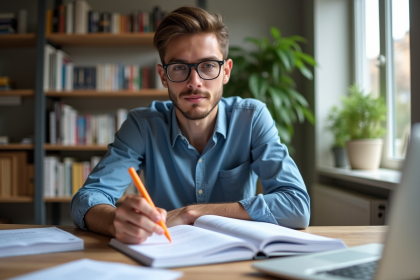 Jeune homme concentré en étude CFA dans un bureau lumineux