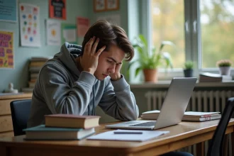 Jeune homme anxieux étudiant dans sa chambre universitaire