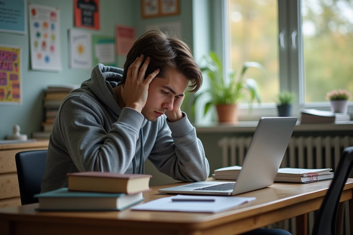 Jeune homme anxieux étudiant dans sa chambre universitaire