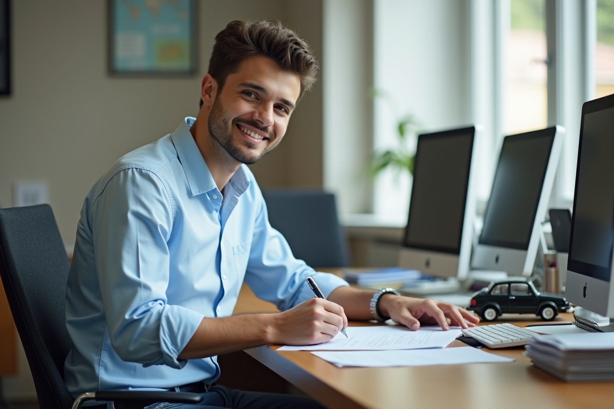 Jeune homme remplissant des formulaires dans un bureau d
