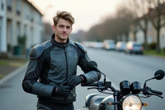 Jeune homme en équipement moto A2 debout à côté de sa moto dans un parking suburban, permis A2 avant permis B