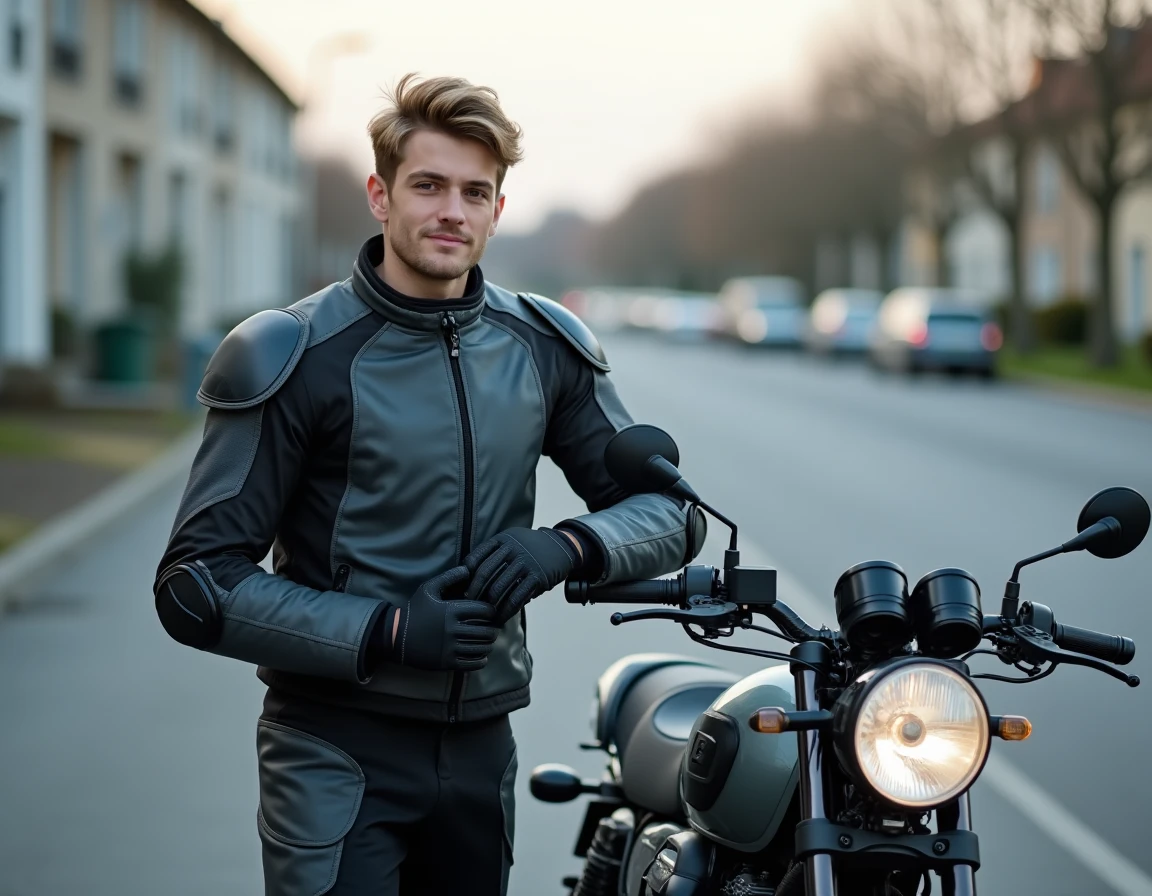 Jeune homme en équipement moto A2 debout à côté de sa moto dans un parking suburban, permis A2 avant permis B