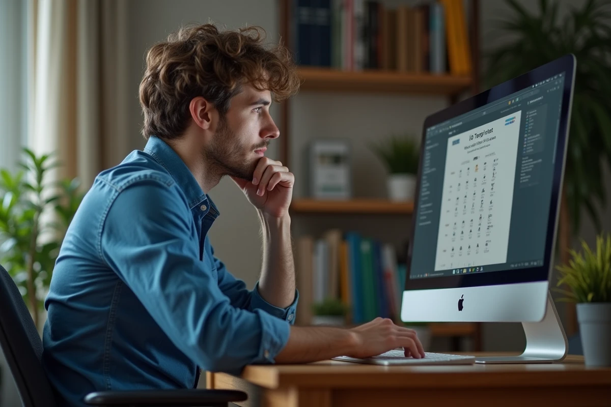 Jeune homme concentré devant un test IQ en ligne dans un bureau à domicile
