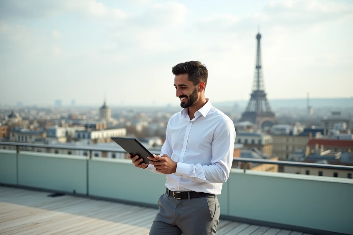 Jeune homme avec tablette sur terrasse avec vue sur Paris