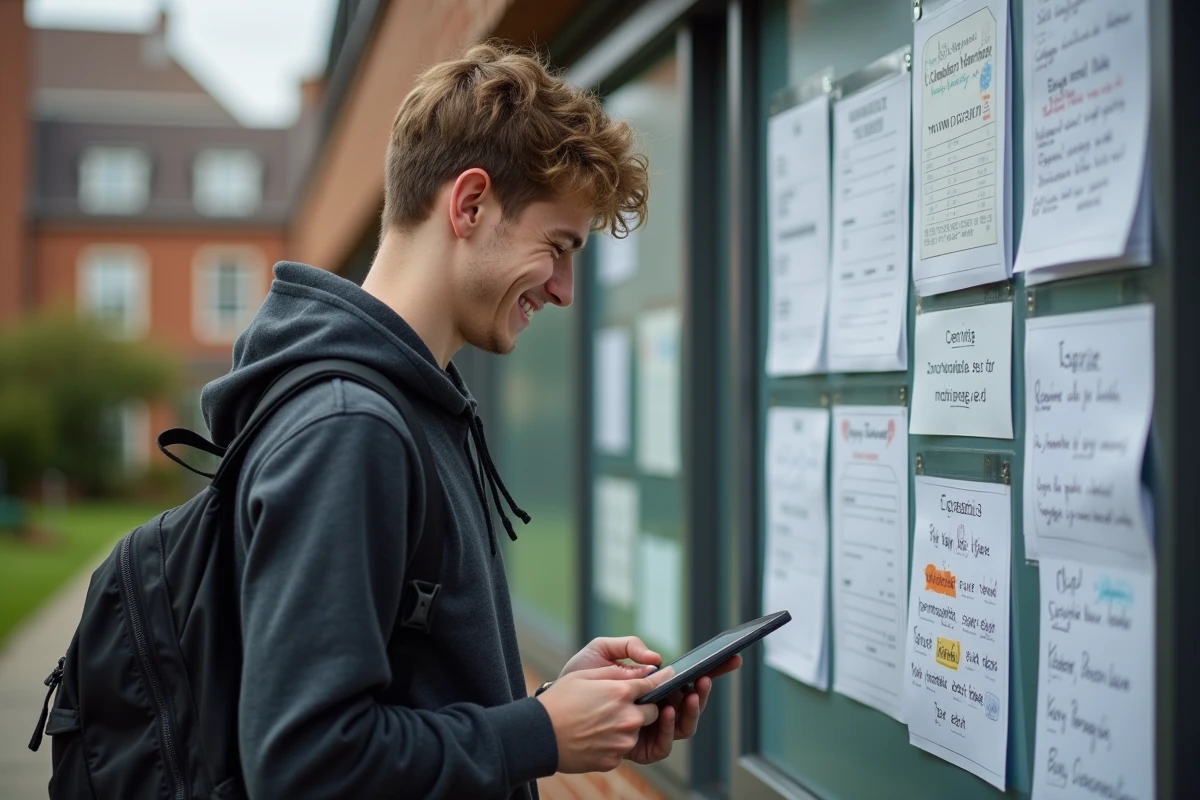 Jeune homme étudiant devant un tableau d’affiches universitaires