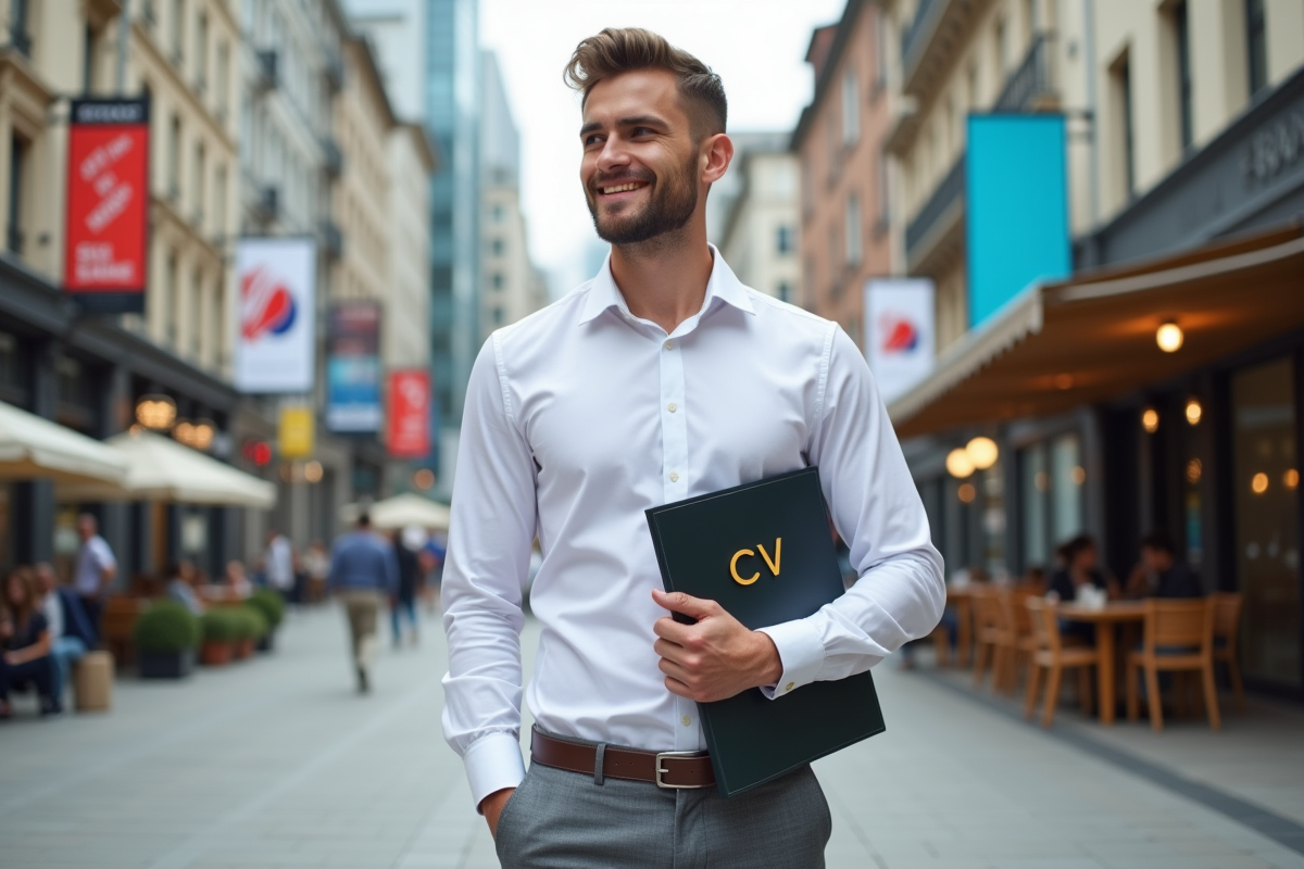 Jeune homme souriant dans une place urbaine avec dossier CV