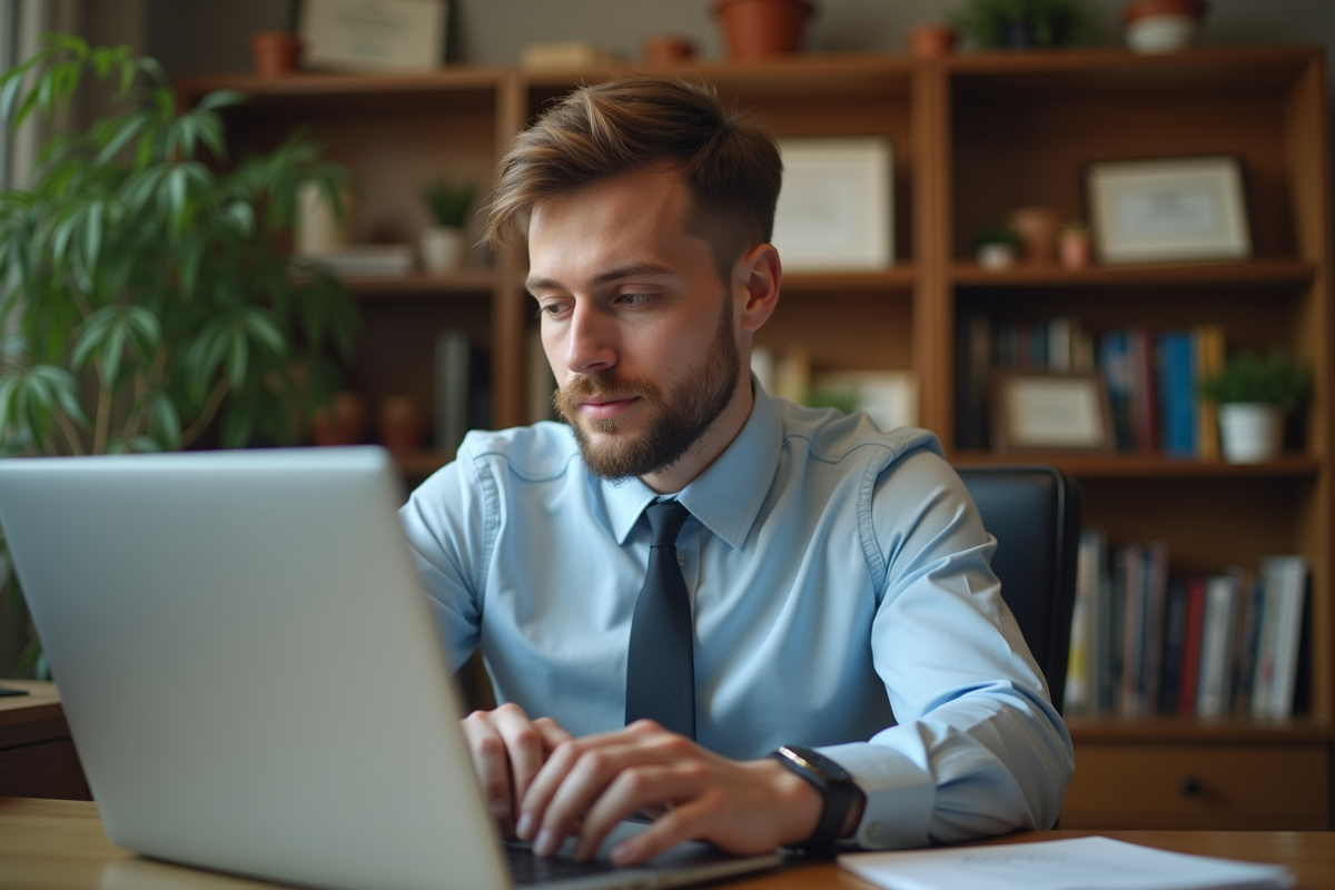 Jeune homme en visioconference dans un bureau à domicile